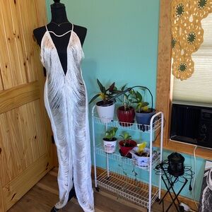 White Fringe Plunge Maxi Dress